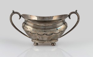 An antique English sterling silver sugar basin, by Walker & Hall of Sheffield, circa 1896, 10cm high, 20cm wide, 234 grams.