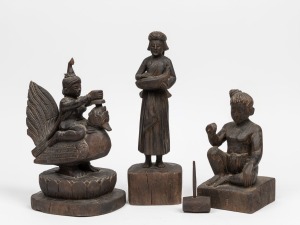 Three assorted vintage Burmese carved wooden statues, 20th century, A/F, the largest 30cm high.