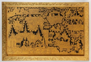 A vintage Burmese gilt decorated panel in ornate gilt finished frame, mid 20th century, 61 x 91cm overall.