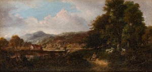 ARTIST UNKNOWN, (English school landscape with shepherd and cottage), oil on canvas, 19 x 39cm, 35 x 46cm overall.