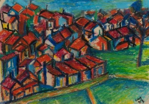 ARTIST UNKNOWN, village scene, pastel, signed lower right (illegible), 24 x 35cm, 42 x 51cm overall.