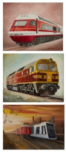 JOHN BREW, I.) Tangara and 1925, Suburban Electric Car Sets, II.) XPT, 1982, III.) Locomotive, oil on canvas board, signed lower right "John Brew" and titled verso, the largest 45 x 61cm, 58 x 73cm overall.