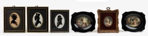Six assorted vintage framed miniature pictures and silhouettes, 20th century, the largest 16 x 13cm overall.