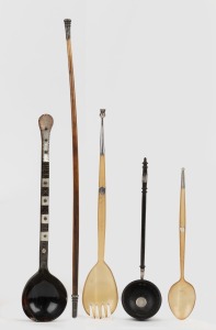 Antique horn, mother of pearl and ebony utensils, all with metal or silver mounts, 18th/19th century, (5 items), the largest 38cm long.