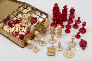 Assorted antique and vintage carved ivory and bone chess pieces, English, Chinese and Indian, 19th/20th century, (qty).