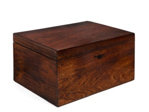 An antique English rosewood box with velvet lined lift-out tray, mid 19th century, ​​​​​​​20cm high, 36cm wide, 28cm deep.