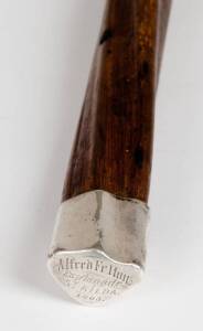 ALFRED FELTON: Walking stick with silver mount inscribed "Alfred Felton Esplanade St.Kilda. 1903". Famously known for establishing the FELTON BEQUEST one of Australia's most prestigious & enduring philanthropic bequests. 85cm