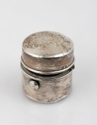 An antique sterling silver travelling inkpot with signature engraved top "Madge", early 20th century, 5cm high.