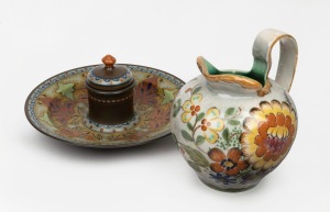 GOUDA Dutch pottery jug and inkwell, 20th century, (2 items), the jug 18cm high.