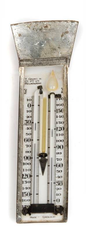 T.GAUNT & Co. Pty Ltd Melbourne: Thermometer with enamel dial in metal housing, c1920s. 33cm