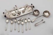 Pair of antique sterling silver sauce ladles; together with a pair of Georgian sterling silver mustard spoons, a set of ten antique bright cut sterling silver teaspoons with matching tongs and an Art Deco sterling silver dish with bakelite handles, 19th a