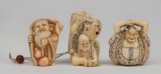 Three Japanese carved ivory netsuke, including a double sided devil/Buddha, 20th century, the largest 4.5cm high.