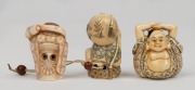 Three Japanese carved ivory netsuke, including a double sided devil/Buddha, 20th century, the largest 4.5cm high. - 2
