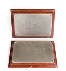 GREAT WHITE FLEET: Pair of folkart plaque of the U.S.S. VIRGINIA & H.M.S. POWERFUL Flagship Australia. Nickel mounted on cedar. 26 x 19cm each