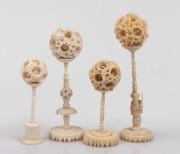 Four assorted Chinese carved ivory puzzle balls on stands, 19th/20th century, ​​​​​​​the largest 18cm high overall.