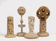 Two Chinese carved ivory puzzle balls and four assorted stands (incomplete), 19th/20th century, (6 items), the largest with ball 14.5cm high overall.
