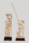 A Chinese carved ivory statue of a lady holding a peony rose; together with a Chinese carved ivory fisherman statue, both mounted on carved timber stands, 20th century, (2 items), 25cm and 18cm high.