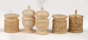 Five assorted carved ivory condiment pots, Indian and Chinese origin, 19th/20th century, ​​​​​​​the largest 6cm high.
