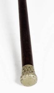 WALKING STICK: Fiddleback blackwood with silver plated top, late 19th century. 89cm