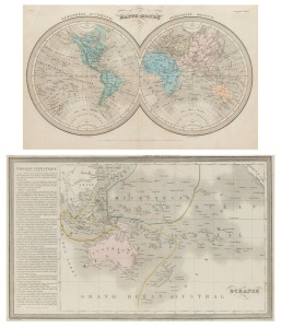 Two framed antique hand-coloured French maps, 19th century, (2 items), I.) Mappe-Mond (showing the eastern and western hemispheres), II.) Oceanie (showing Australia and the Pacific Islands), 41 x 55cm each overall.