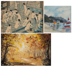 Three framed artworks, comprising of: I.) facsimile Japanese woodblock print of a bathhouse scene, II.) landscape oil painting, III.) beach scene watercolour, the largest 28 x 34cm overall.