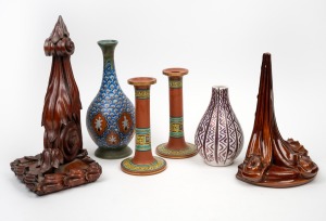 GOUDA Dutch pottery vase, a Spanish style lustre glazed vase, together with a pair of antique English pottery candlesticks (A/F), and an unusual brown glazed pottery wall bracket, (5 items), the largest 28cm high.