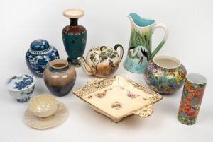 ROYAL DOULTON teapot, BELLEEK Irish porcelain cup and saucer (black stamp), WILKINSON floral porcelain vase, ROSENTHAL Studio-Linie porcelain vase, Chinese cloisonne on porcelain vase, Belgian majolica jug, ROYAL WINTON bon-bon dish, blue pottery vase, Chinese ginger jar and a Japanese porcelain lidded bowl, mixed vintages and origins, (10 items), the jug 23cm high.