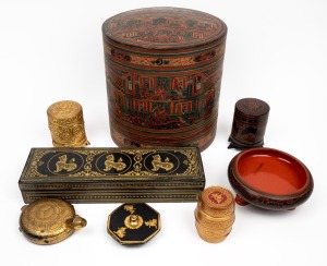 173 · Eight assorted vintage Burmese lidded boxes and bowls with hand-painted gilt decoration, mid 20th century, the largest 35cm wide.