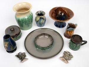 AUSTRALIAN POTTERY: Regal Mashman basket vase, three Remued vases (including one with applied decoration), McHugh pottery vase, R.M. Beck pottery mug, sugar bowl and dish, together with two pottery koala ornaments, (10 items), the basket 14cm high.