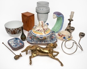 Continental enamel bowl, unusual pottery sculpture of a lady, Portuguese glass vase, ceramic pot, nursery cup and saucer, brass horse ornament, stainless steel candelabra, bronze vase, table lamp and floral dishes and platters, (qty).