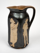 MARTIN BROTHERS English art pottery jug with applied minstrel figures, circa 1879, incised "Martin Brothers, London & Southall, 1879"; together with a framed "Woolley & Wallis" promotional poster featuring a Martin Brothers bird tobacco jar, (2 items), th - 2
