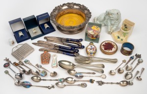 Porcelain thimbles, Chinese blanc de chine temple dog statue, Chinese scent bottles, silver plated bottle coaster and assorted cutlery, porcelain handled antique knives with sterling silver collars, etc, 19th/20th century, (qty)