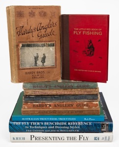 FLY FISHING: A shelf of books including Hardy's Anglers' Guides for 1929, 1934, 1936 and 1937, C.Farlow & Co,s Catalogue of High-class Fishing Tackle (1930), "Presenting the Fly" by Kreh, "The Fly Tier's Benchside Reference" by Leeson and Scholmeyer. Mixe