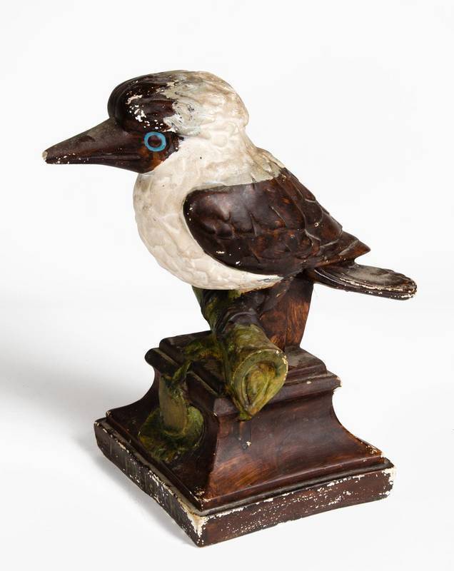 "Happy Jack" plaster kookaburra statue with painted finish, c1930. 33cm