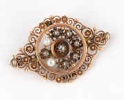 An antique rose gold brooch adorned with diamonds and pearls, fitted with later 18ct gold clasp, 19th century. This piece may well have been part of a larger item, perhaps a tiara. ​​​​​​​4.5cm wide, 9.4 grams.