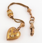 An antique 15ct gold Albertina fob chain with two-tone heart fob, 19th century, ​​​​​​​13cm long, 8.2 grams.