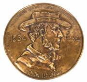JOHN BATMAN PLAQUE: Handmade repousee circular brass wall plaque "Melbourne & Victorian Centenary 1834-1934, John Batman" diameter 27cm&nbsp;
