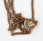 An antique 9ct rose gold double strand necklace with sliding heart link, set with turquoise and seed pearls, 19th century, 58cm long, 11.4 grams. - 2