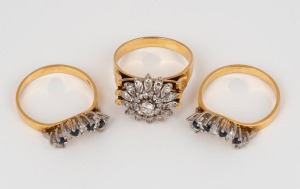 An 18ct gold, diamond and sapphire three piece ring set, mid 20th century, ​​​​​​​an impressive 16.4 grams total.