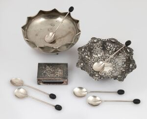Set of six sterling silver coffee bean spoons, together with a sterling silver pierced dish, a matchbox holder and a Continental silver bowl, 19th/20th century, (9 items), 155 grams total.