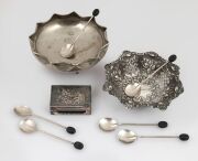 Set of six sterling silver coffee bean spoons, together with a sterling silver pierced dish, a matchbox holder and a Continental silver bowl, 19th/20th century, (9 items), ​​​​​​​155 grams total.