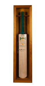 DON BRADMAN - SIGNED CRICKET BAT: Slazenger 'The Bradman' cricket bat, boldly signed on the face in black marker, housed in custom-built glazed wooden display box; height 96cm.