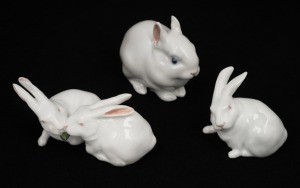 ROYAL COPENHAGEN group of three Danish porcelain rabbit figures, 20th century, factory mark to base, ​​​​​​​the largest 7cm high, 8cm long.