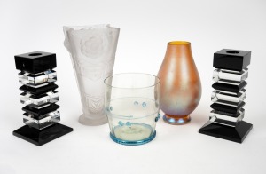 A French Art Deco frosted glass vase, together with a pair of black and clear glass candlesticks, an iridescent glass vase and a vintage Whitefriars glass tumbler with trailing decoration and applied prunts, (5 items), ​​​​​​​the largest 19cm high.