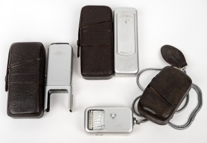 MINOX: Minox III subminiature camera, c. 1951, with Minox light meter and flash attachment; all three items in matching leather cases.