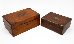 An antique mahogany deed box together with a writing box with later huon pine veneer, 19th and 20th century, (2 items), ​​​​​​​27cm and 35cm wide.