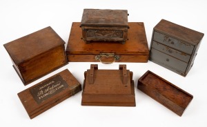 Six assorted vintage timber boxes and a painted miniature three drawer chest, 20th century, ​​​​​​​the largest 35cm wide.