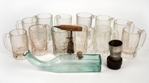 Assorted vintage and antique glass beer mugs, Foster's Lager Beer advertising corkscrew, antique glass grape storage bottle and a collapsible cup, (qty).