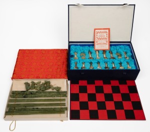 Vintage Chinese carved jade chopsticks and rests, together with a Chinese carved horn chess set in box, 20th century, (qty)
