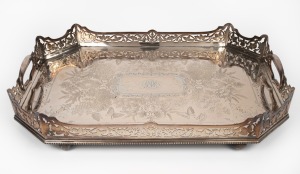 127 · A lovely quality antique English silver plated serving tray with Aesthetic Movement engraved decoration, 19th century, ​​​​​​​56cm across the handles.